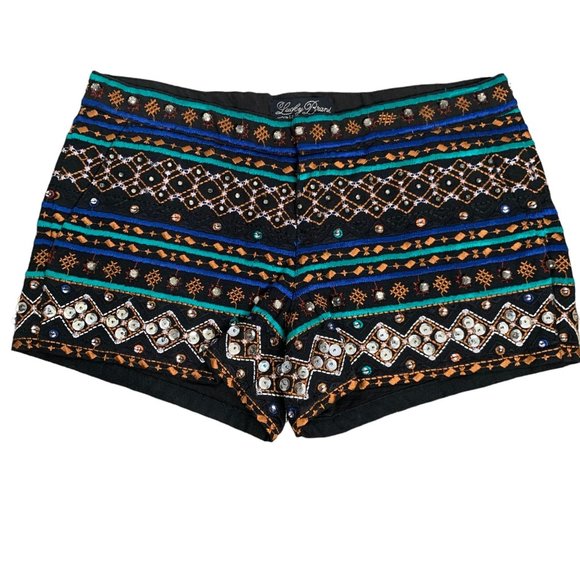 Lucky Brand Pants - Lucky Brand Embroidered Sequin Shorts S Black Mid Rise Zip Rhinestones Cotton